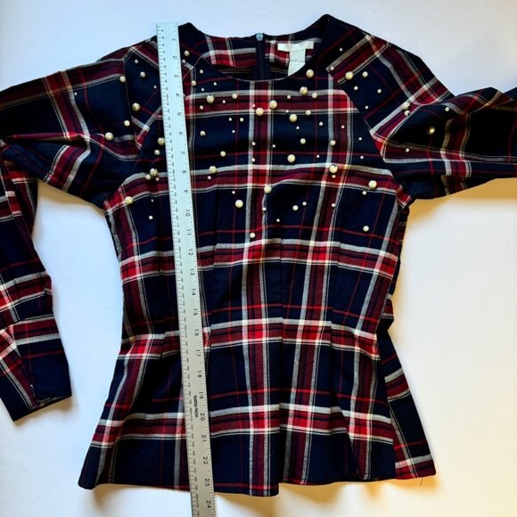 NWT H&M Beaded Flannel Blouse Long Sleeve Plaid Mod Holiday Shirt Top Sz 2 - Picture 8 of 12